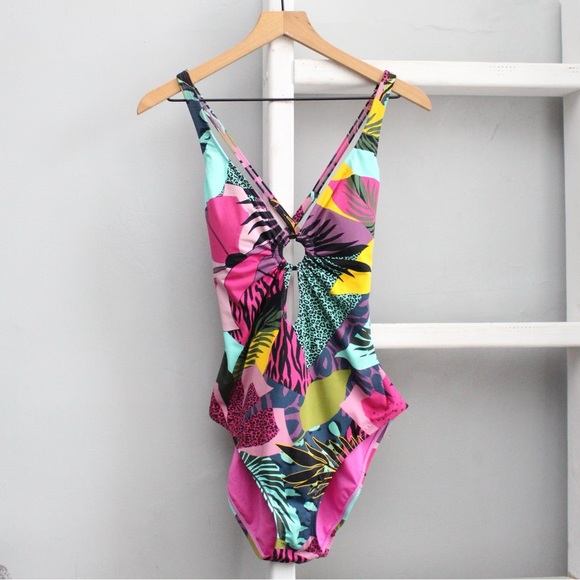 Bleu Rod Beattie Multicolor Plunge Neck Jungle Book One Piece Swimsuit Size 8 - Picture 1 of 8